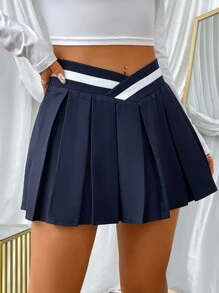 SHEIN Qutie Striped Pleated Tennis Skirt - Navy Blue - View 3