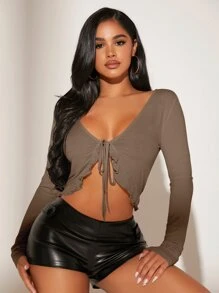 SHEIN SXY Solid Tie Front Crop Top - Mocha Brown - View 1