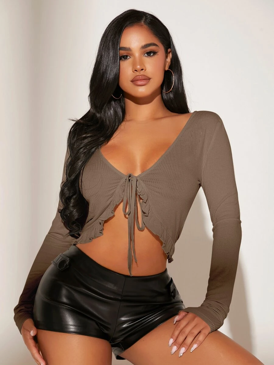SHEIN SXY Solid Tie Front Crop Top - Mocha Brown - View 1