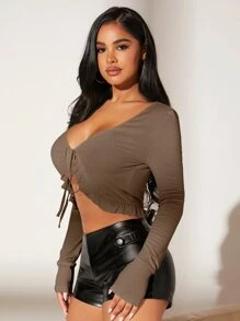 SHEIN SXY Solid Tie Front Crop Top - Mocha Brown - View 3