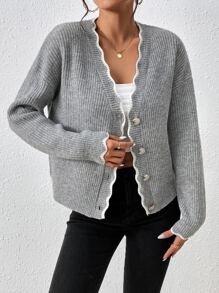 SHEIN Frenchy Cárdigan ribete en abanico de hombros caídos tejido de canalé - Gris - Ver 1