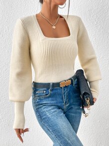 SHEIN Frenchy Square Neck Lantern Sleeve Jumper - Apricot - View 3