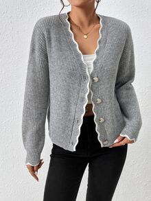 SHEIN Frenchy Cárdigan ribete en abanico de hombros caídos tejido de canalé - Gris - Ver 3