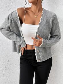 SHEIN Frenchy Cárdigan ribete en abanico de hombros caídos tejido de canalé - Gris - Ver 6