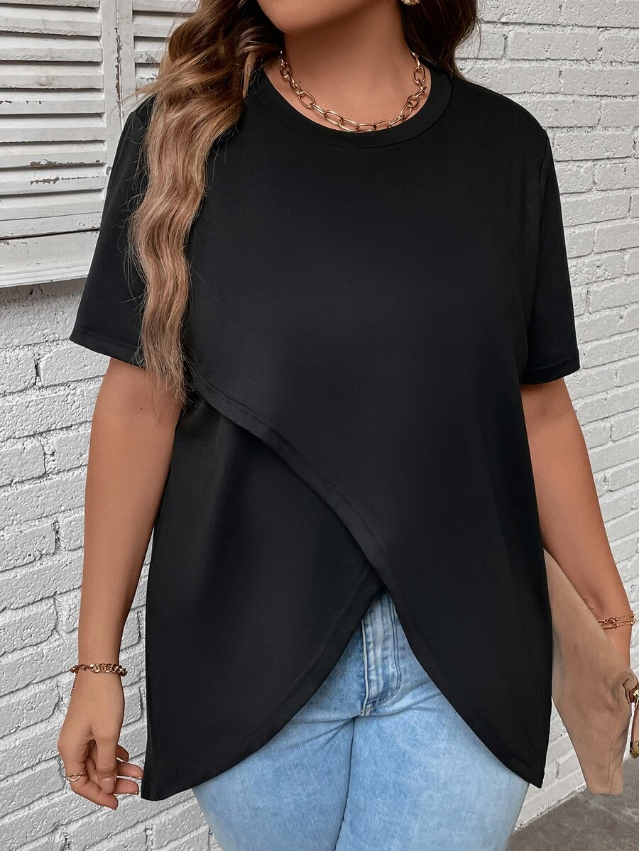 SHEIN LUNE Camiseta bajo cruzado - Negro - Ver 1