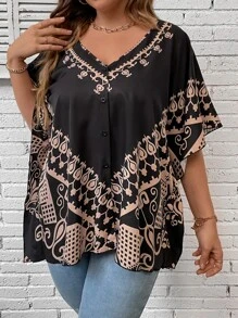 SHEIN LUNE Plus Graphic Print Batwing Sleeve Button Front Blouse - Multicolor - View 1