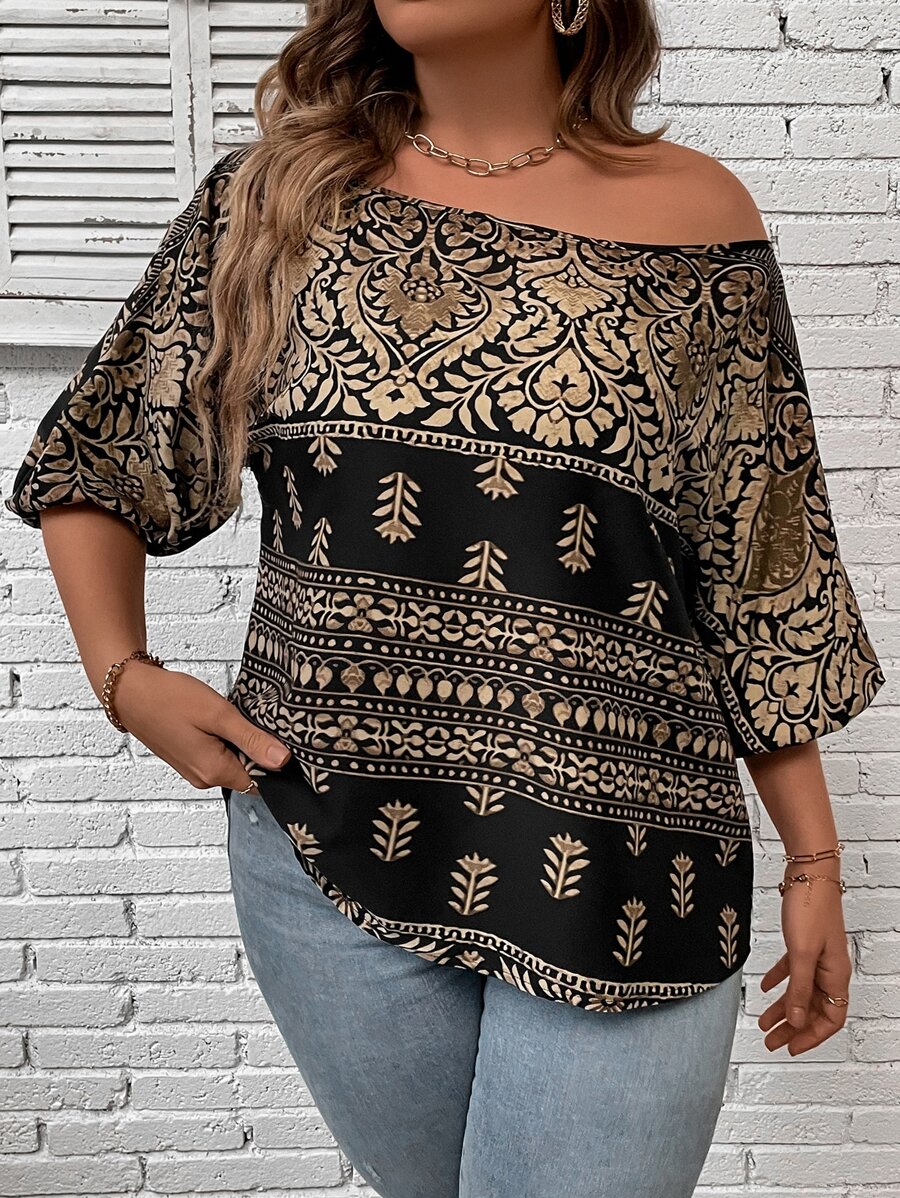 SHEIN LUNE Plus Floral Print Boat Neck Lantern Sleeve Blouse - Black - View 1