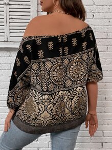 SHEIN LUNE Plus Floral Print Boat Neck Lantern Sleeve Blouse - Black - View 2