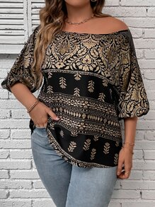 SHEIN LUNE Plus Floral Print Boat Neck Lantern Sleeve Blouse - Black - View 3