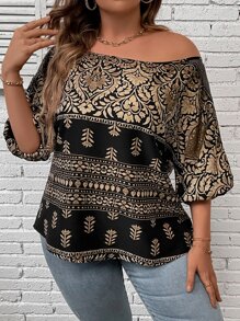 SHEIN LUNE Plus Floral Print Boat Neck Lantern Sleeve Blouse - Black - View 5