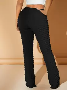 SHEIN SXY Textured Straight Leg Solid Black  Pants - Black - View 2