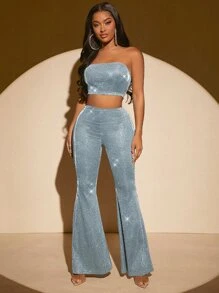 SHEIN SXY 金屬亮絲短款抹胸上衣和喇叭褲 - 薄荷藍 - 查看 3