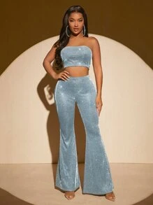 SHEIN SXY 金屬亮絲短款抹胸上衣和喇叭褲 - 薄荷藍 - 查看 5