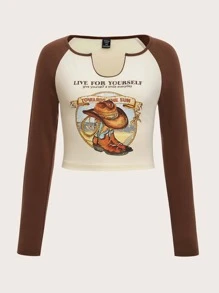 SHEIN EZwear 大碼卡通和標語圖案缺口領插肩袖T恤 - 彩色 - 查看 1