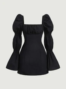 SHEIN MOD Đầm Xù Dây kéo Nếp gấp Phần Ngực màu trơn Thanh lịch - màu đen - Xem 1