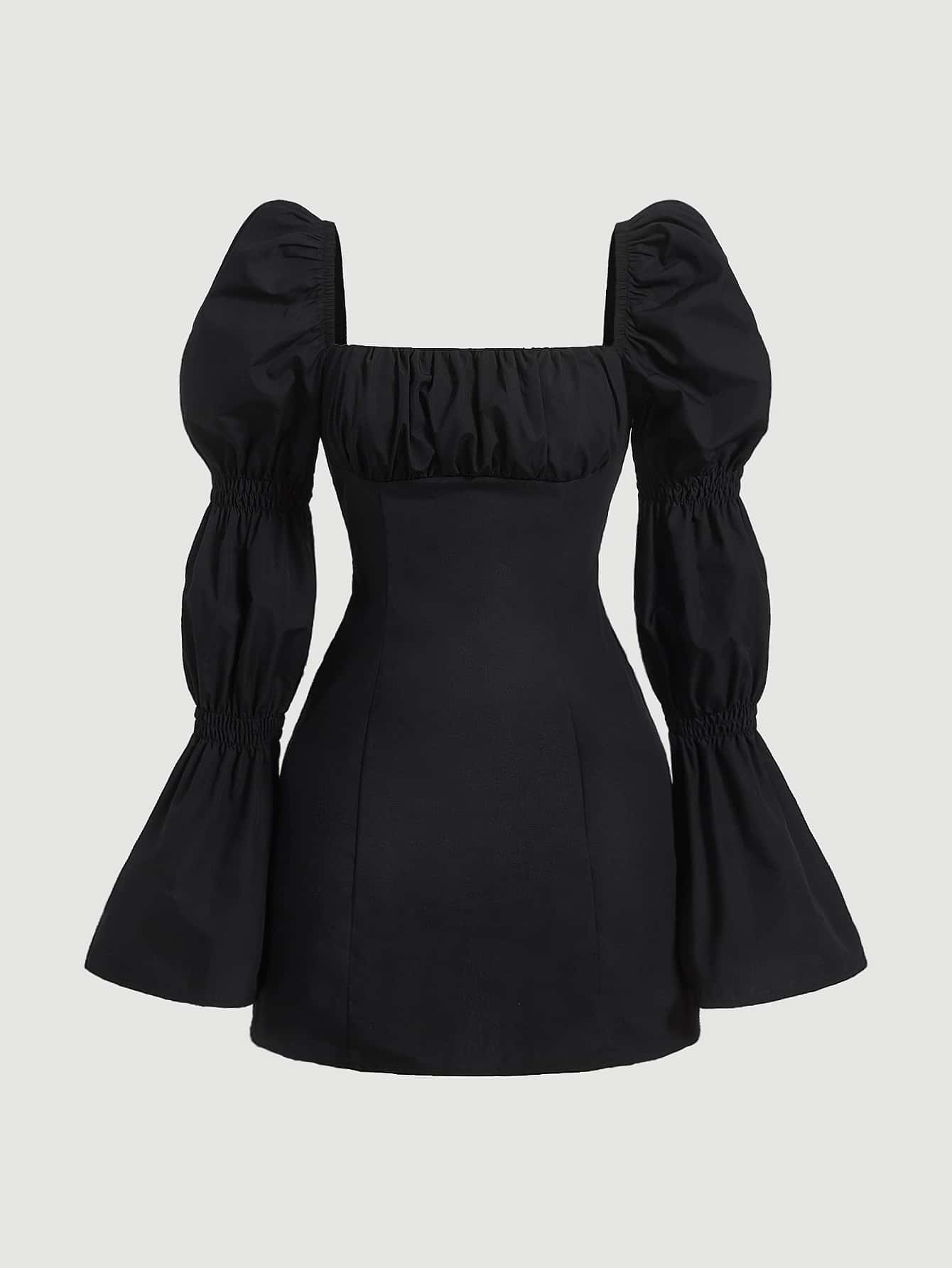 SHEIN MOD Đầm Xù Dây kéo Nếp gấp Phần Ngực màu trơn Thanh lịch - màu đen - Xem 1