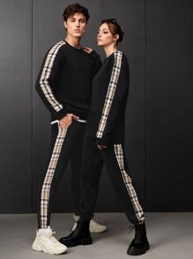 SWAVVY 1pc Plaid Print Sweatshirt & 1pc Joggers - Black - View 1