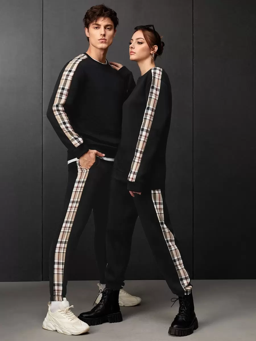 SWAVVY 1pc Plaid Print Sweatshirt & 1pc Joggers - Black - View 1