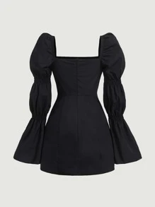 SHEIN MOD Đầm Xù Dây kéo Nếp gấp Phần Ngực màu trơn Thanh lịch - màu đen - Xem 2
