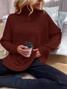 SHEIN LUNE Jersey cuello alto de hombros caídos bajo con abertura - Óxido marrón - Ver 1