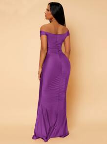SHEIN SXY Twist Front Ruched Mermaid Hem Bardot Prom Dress - Purple - View 2