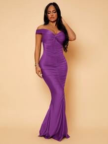SHEIN SXY Twist Front Ruched Mermaid Hem Bardot Prom Dress - Purple - View 3