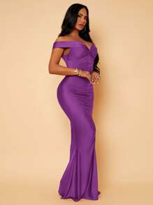 SHEIN SXY Twist Front Ruched Mermaid Hem Bardot Prom Dress - Purple - View 4