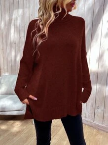 SHEIN LUNE Jersey cuello alto de hombros caídos bajo con abertura - Óxido marrón - Ver 3