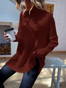 SHEIN LUNE Jersey cuello alto de hombros caídos bajo con abertura - Óxido marrón - Ver 4