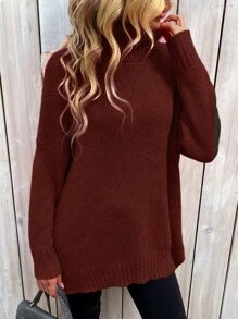 SHEIN LUNE Jersey cuello alto de hombros caídos bajo con abertura - Óxido marrón - Ver 6