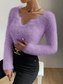 Chiquease Jersey crop unicolor tejido mullido - Lila Púrpura - Ver 5