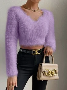 Chiquease Jersey crop unicolor tejido mullido - Lila Púrpura - Ver 7