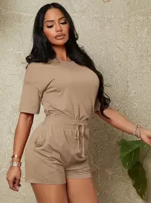 SHEIN SXY Shorts con camiseta de hombros caídos - Caqui - Ver 6