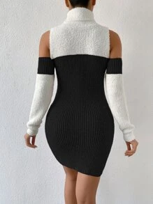 SHEIN Privé Two Tone Cold Shoulder Cut Out Rib-knit Jumper Dress - Black and White - View 2