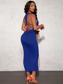SHEIN SXY Tie Backless Ruched Bodycon Dress - Royal Blue - View 1