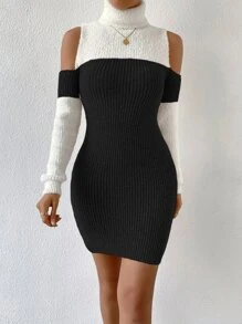 SHEIN Privé Two Tone Cold Shoulder Cut Out Rib-knit Jumper Dress - Black and White - View 3