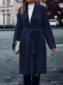 SHEIN LUNE Shawl Collar Drop Shoulder Belted Cardigan - Navy Blue - View 5