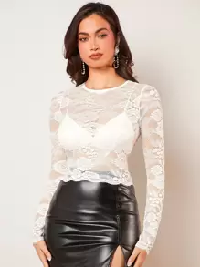 SHEIN BAE 花卉蕾絲薄透上衣不附文胸 - 白色 - 查看 1
