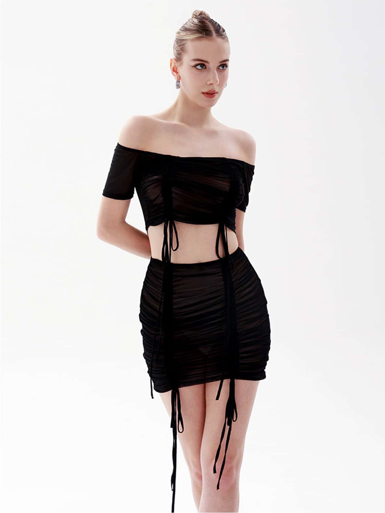 Off Shoulder Drawstring Front Crop Top & Bodycon Skirt - Black - View 1