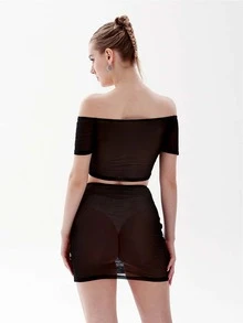 Off Shoulder Drawstring Front Crop Top & Bodycon Skirt - Black - View 2