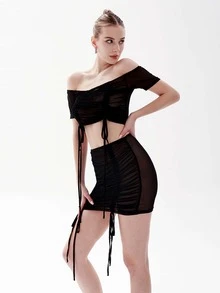 Off Shoulder Drawstring Front Crop Top & Bodycon Skirt - Black - View 4