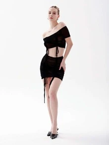 Off Shoulder Drawstring Front Crop Top & Bodycon Skirt - Black - View 3