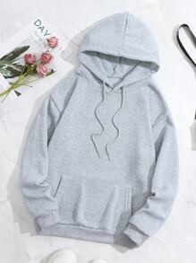 SHEIN Qutie Áo nỉ giữ nhiệt cỡ lớn, in họa tiết hoa và khẩu hiệu, có túi kangaroo và dây rút, lót lông. - Màu Xám nhạt - Xem 2