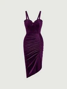 SHEIN MOD Frill Trim Ruched Asymmetrical Hem Velvet Cami Dress - Purple - View 1