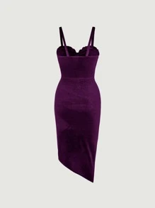 SHEIN MOD Frill Trim Ruched Asymmetrical Hem Velvet Cami Dress - Purple - View 6