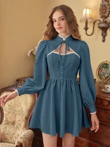 SHEIN MOD 繫帶領蕾絲邊燈籠袖燈芯絨洋裝