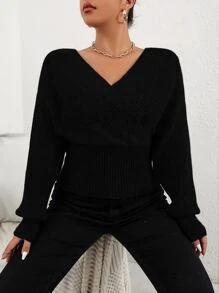 Calvaya Plus Overlap Collar Dolman Sleeve Jumper - Black - View 1