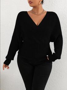 Calvaya Plus Overlap Collar Dolman Sleeve Jumper - Black - View 3