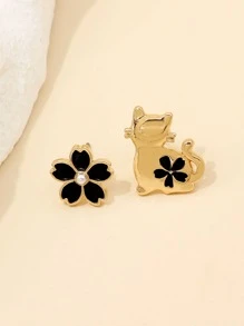 Pendientes de tachuela gato & con diseño de flor de desemparejar - Multicolor - Ver 1