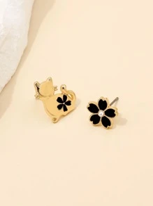 Pendientes de tachuela gato & con diseño de flor de desemparejar - Multicolor - Ver 2